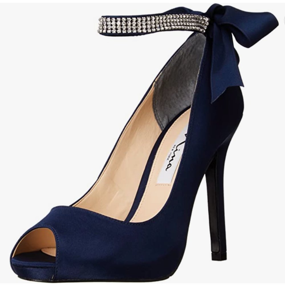 Nina Karen LS Navy Blue Peep Toe Pumps Heels Rhinestone Ankle Strap Bow, 8.5